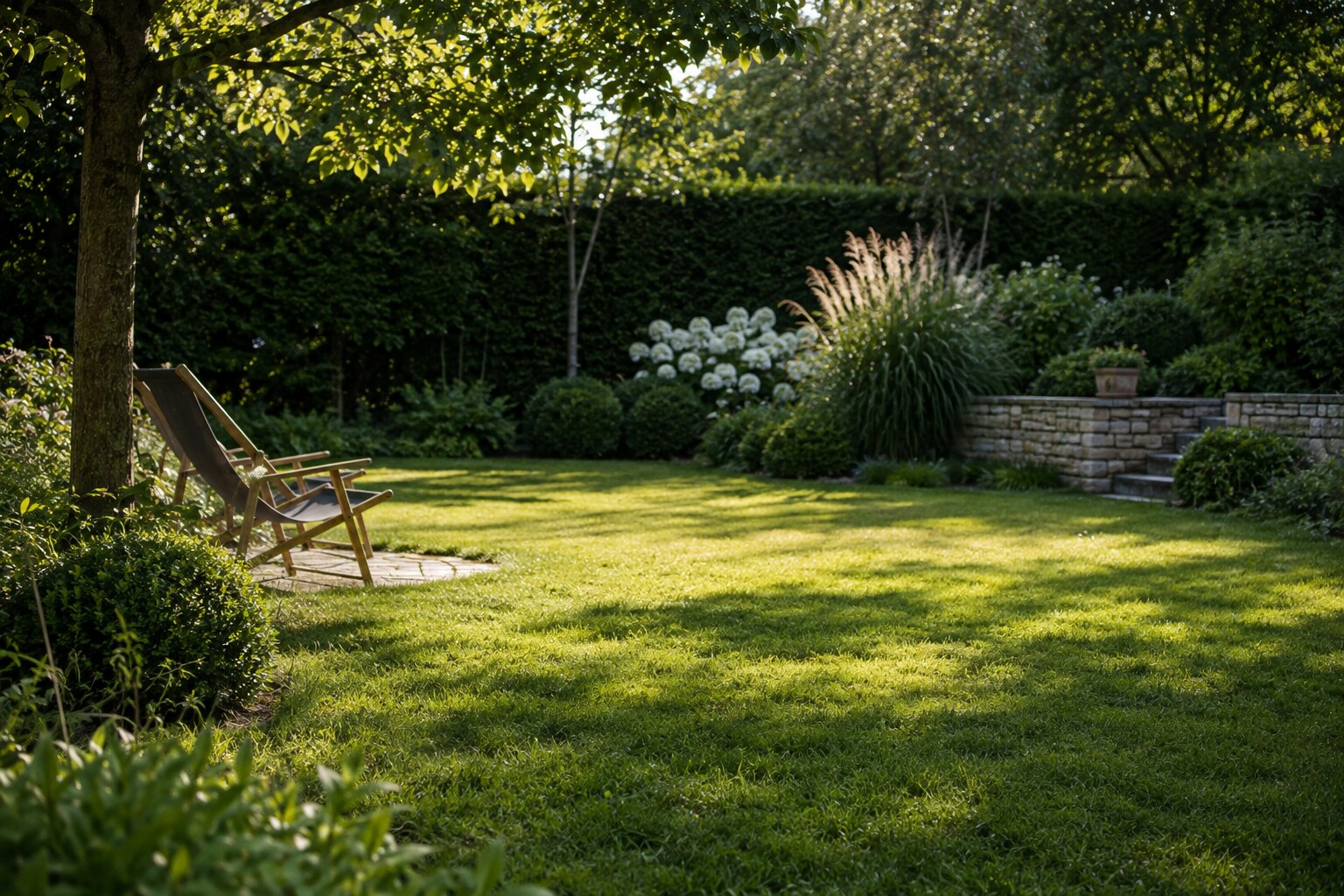 Gepflegter Privatgarten mit Terrasse, Ziergehölzen und saftigem Rasen
